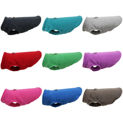 Polar fleece dog waistcoat in solid colour on small dog showing side-open design