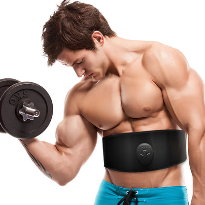 Black abdominal slimming belt with vibration unit and adjustable leather strap for muscle stimulation