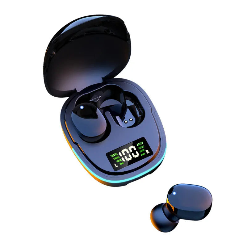 Black true wireless Bluetooth headphones with charging box showing digital battery display, silicone ear caps in three sizes