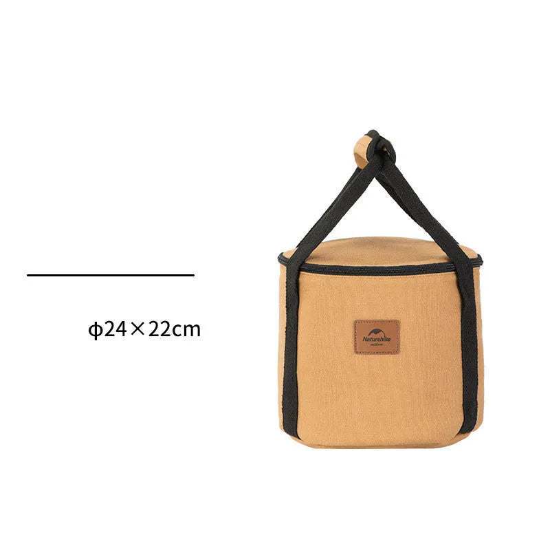 Camping bucket storage bag in canvas and Oxford cloth with pearl cotton lining, three sizes and capacities