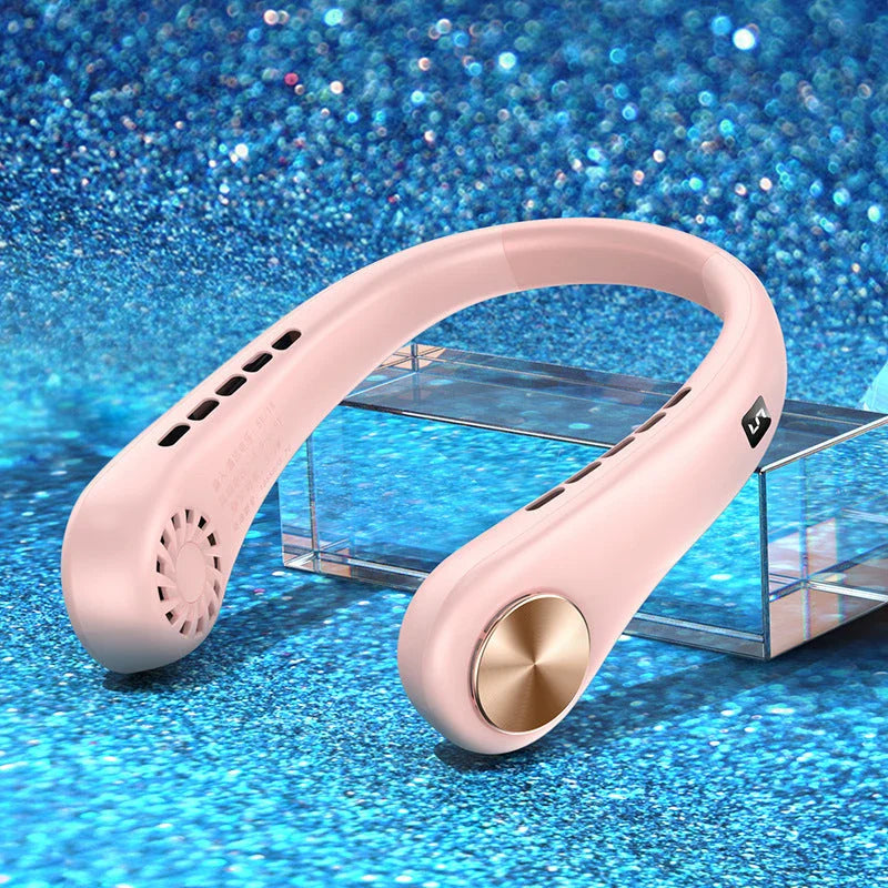 Stylish portable neck fan with bladeless design, adjustable speeds, and rechargeable battery for hands-free cooling