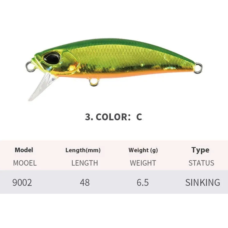 Japanese fishing lure with submerged mino design, 48mm length, 6.5g weight, shown in multiple colour variations