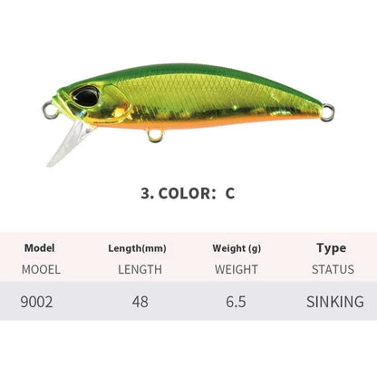 Japanese fishing lure with submerged mino design, 48mm length, 6.5g weight, shown in multiple colour variations