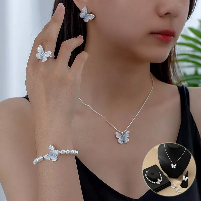 Blue Crystal Butterfly Necklace Set with gradient alloy accents and snake bones chain