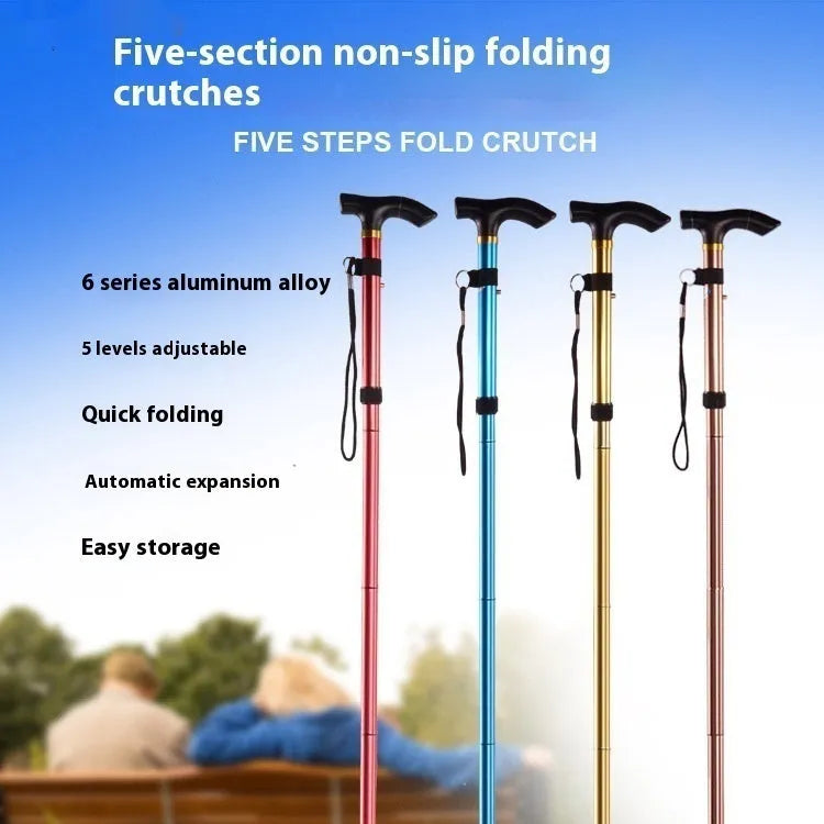 Aluminium alloy folding cane extended to 95 cm with non-slip rubber tip, showing adjustable height mechanism