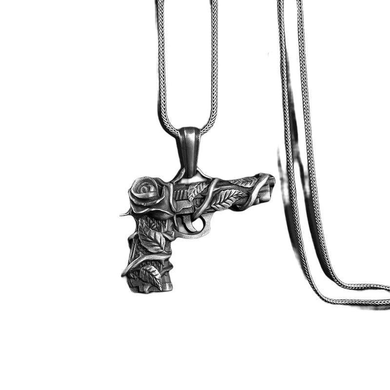 Men's black titanium steel gun and rose pendant necklace with square pearl chain