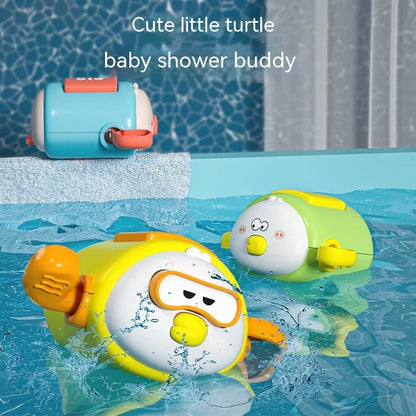 Children's wind-up bath toy measuring 8.2x9.4x5cm with chain attachments in blue pig design