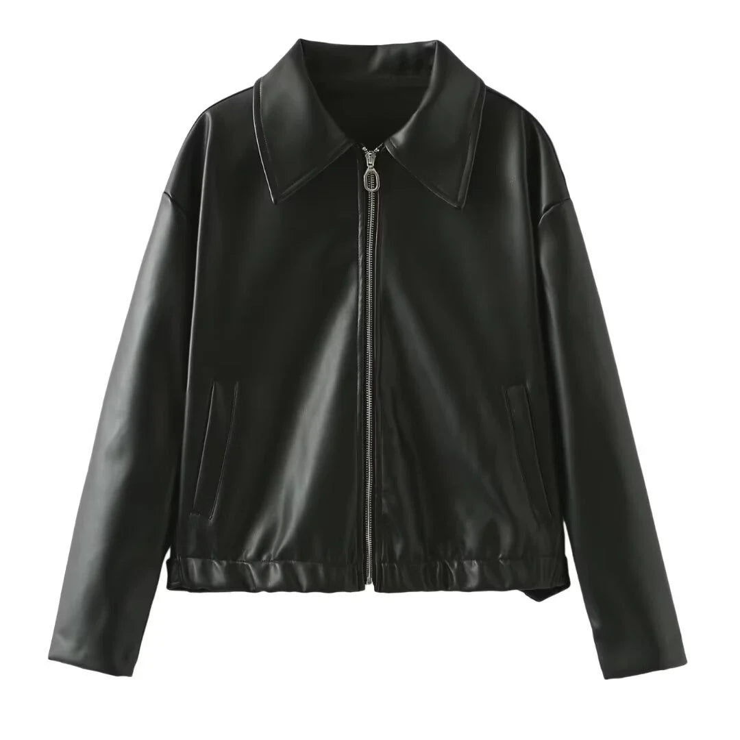 Stylish faux leather jacket with zip-up closure and lapel collar, available in burgundy and black colors