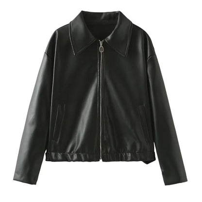 Stylish faux leather jacket with zip-up closure and lapel collar, available in burgundy and black colors