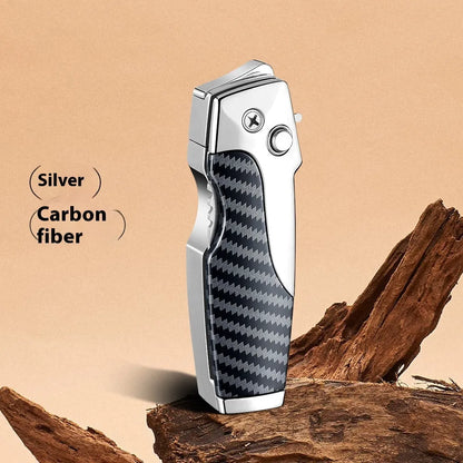 Metal folding lighter with integrated knife showing zinc alloy construction and safety lock mechanism