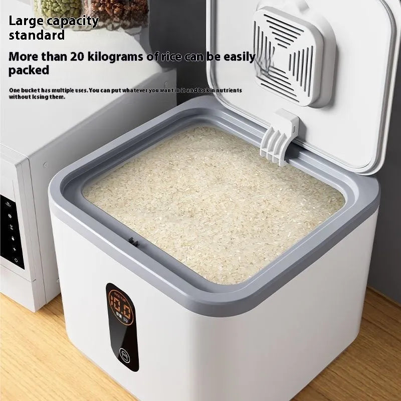 Gray food-grade plastic rice jar with airtight lid and measuring cup for insect-proof storage