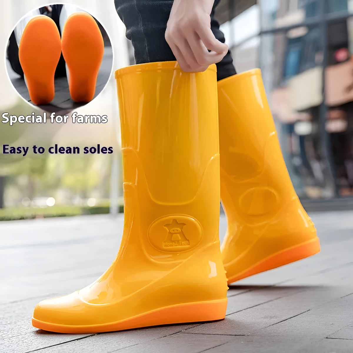 Men's white and yellow flat plastic rain boots with high tube design on a neutral background.