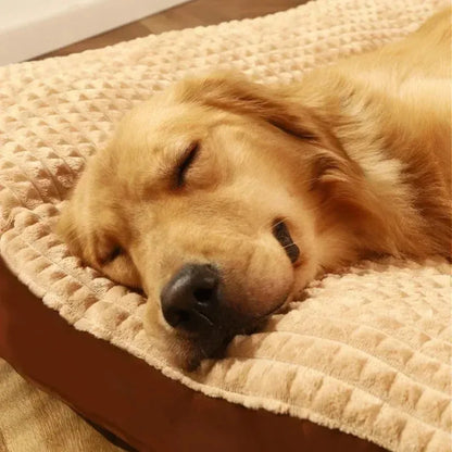 Coffee coloured detachable fleece dog bed for large breeds, shown with blanket removed.