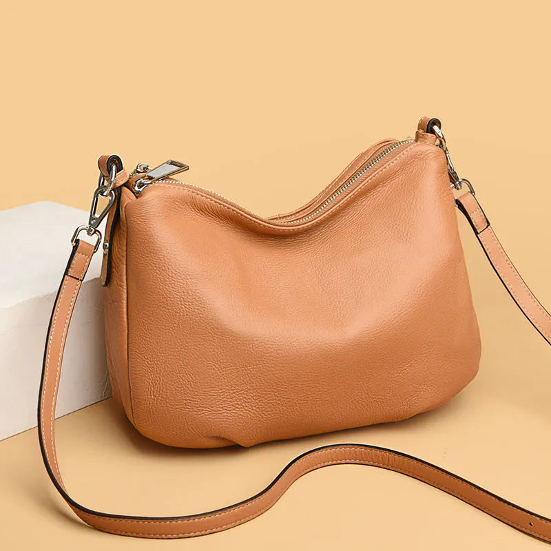 Genuine leather women's crossbody shoulder bag 30x8x21cm in apricot, black, or gray with double strap