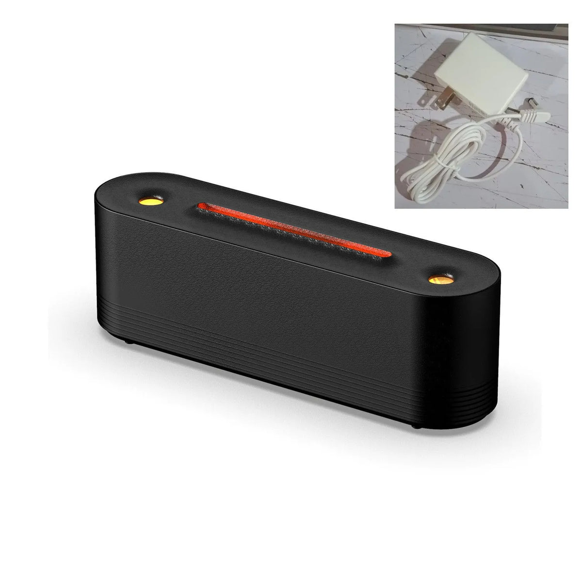 Black Flame Air ultrasonic humidifier with LED lights and mist output on wooden surface