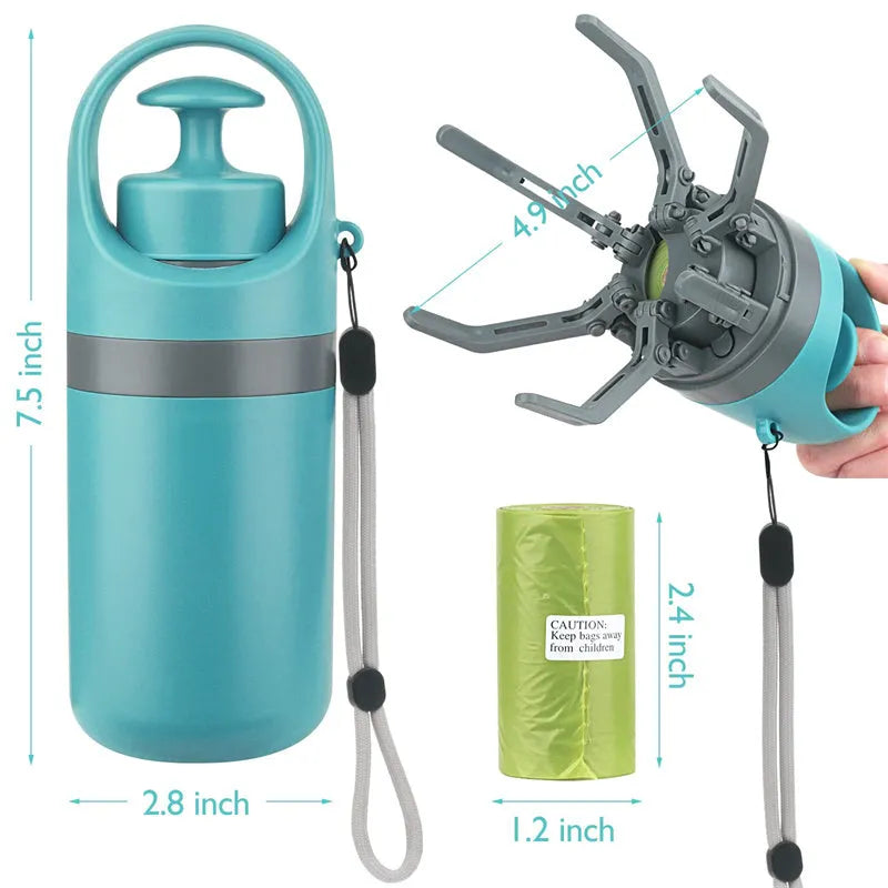 Blue portable plastic dog pooper scooper with eight-claw shovel and built-in bag dispenser