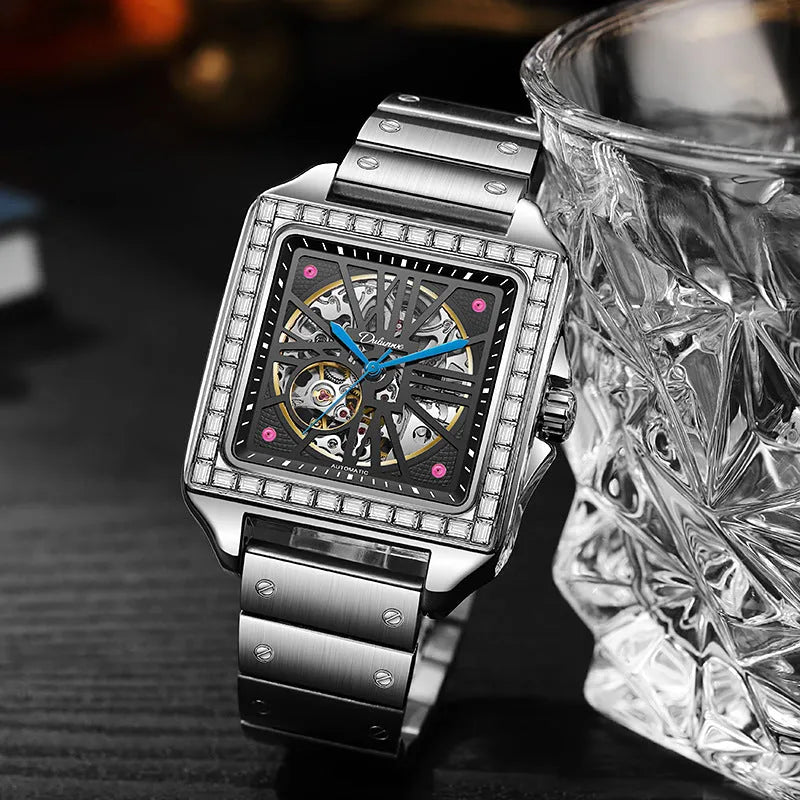 Square automatic watch with diamond-studded design on 6066A stainless steel belt for men's business wear