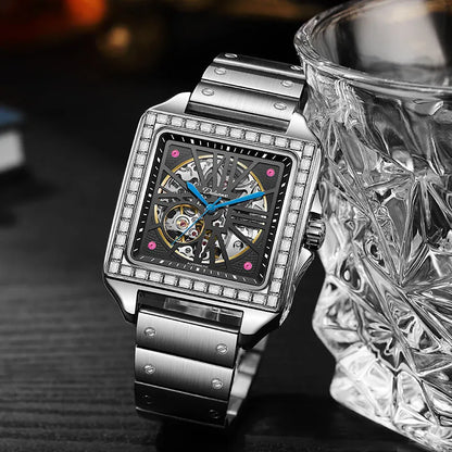 Square automatic watch with diamond-studded design on 6066A stainless steel belt for men's business wear