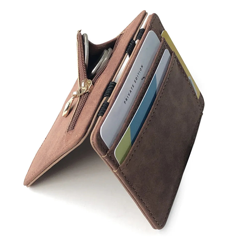 Matte leather magic wallet in horizontal square shape with sewing line detail and coin pocket