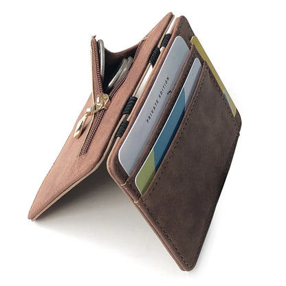 Matte leather magic wallet in horizontal square shape with sewing line detail and coin pocket