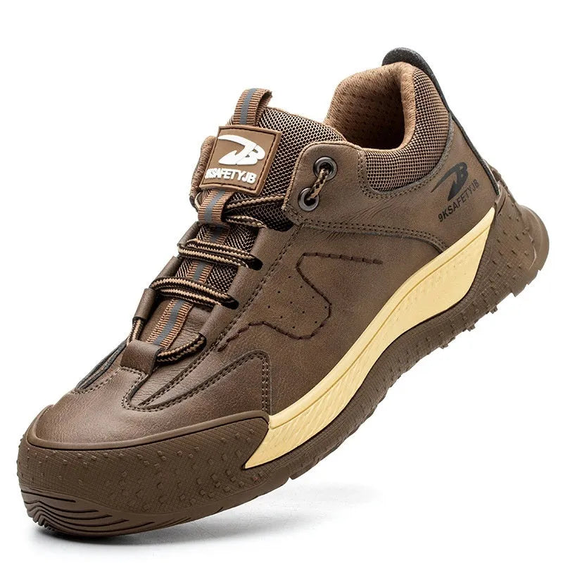 Leather Flyknit safety work shoes in black, brown, grey, or khaki with a rubber sole