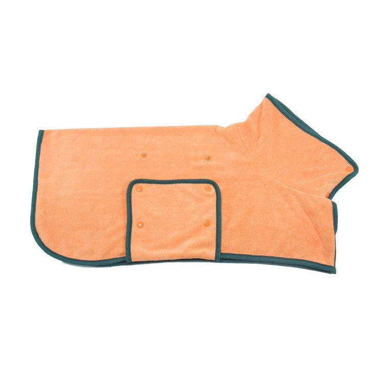 Absorbent dog bathrobe made of soft microfiber material with adjustable waist strap for a custom fit