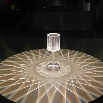 Transparent diamond crystal rechargeable table lamp with three-colour touch switch, ≤36V, for bedroom bedside ambience