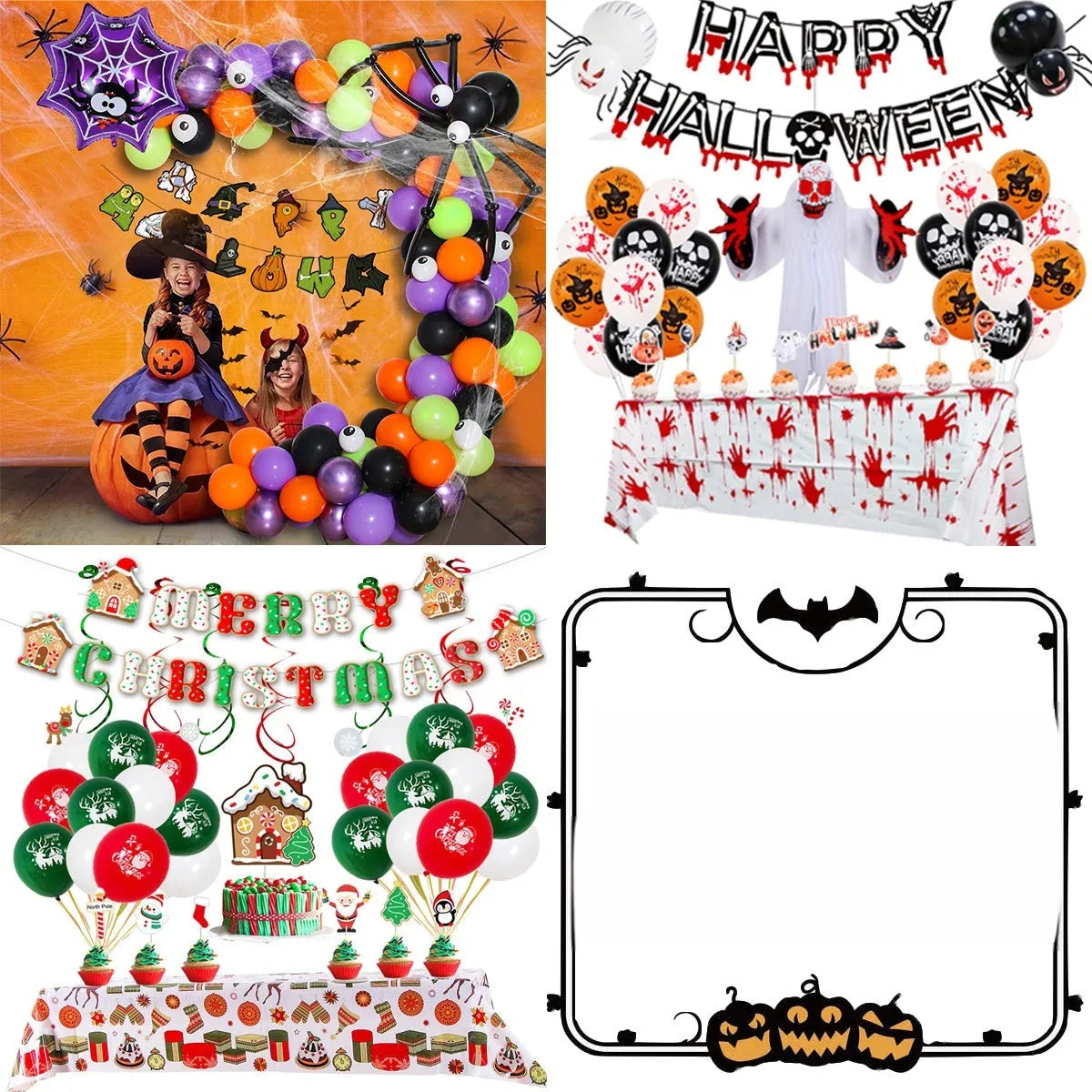 Halloween balloon combo set with spider balloon arch and white and black round latex balloons for party decorations