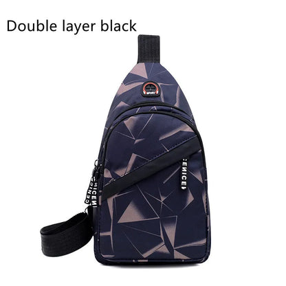 Men's sling chest bag in blue with earphone hole, crossbody strap, and zipper pockets, measuring 17cm wide.