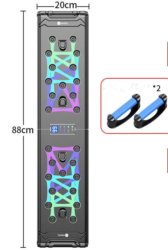 Black multifunctional push-up board 87cm x 43cm x 20cm with ABS plastic body and TPE soft rubber grips for chest training