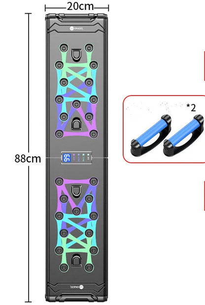 Black multifunctional push-up board 87cm x 43cm x 20cm with ABS plastic body and TPE soft rubber grips for chest training
