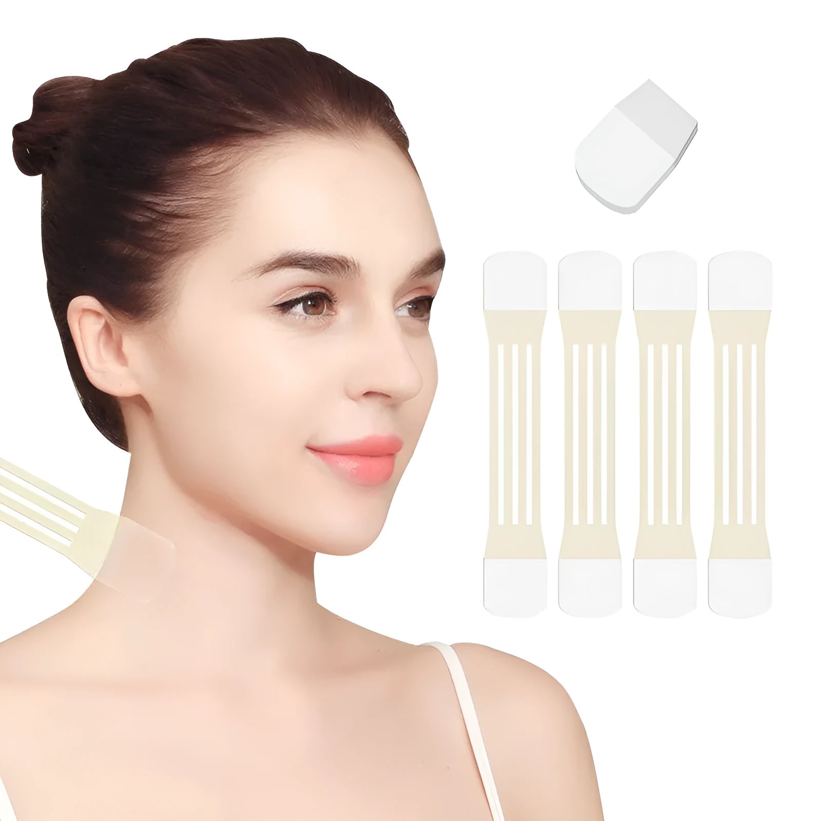 Skin tone neck firming adhesive tape with four straps and twenty patches in packaging