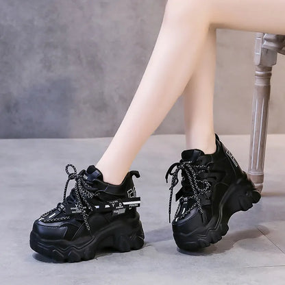Women's white breathable mesh platform sports shoes with cross-strap detail and rubber sole