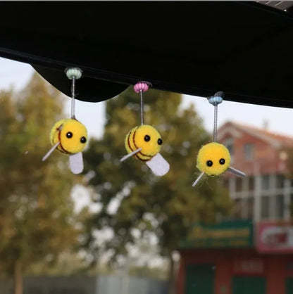 Cartoon Little Bee car decoration with swing spring, 3x3cm fur ball ornament
