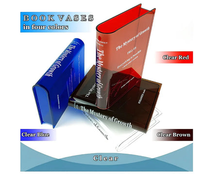 Transparent book-shaped acrylic vase, 22cm long with black font, refracting sunlight for home decor