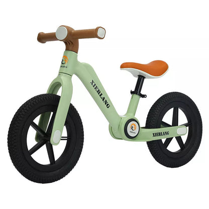 Foldable kids balance bike in grass green, light brown, or pink purple, sizes 12inch and 14inch