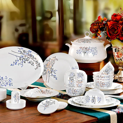 Bone china bowl and saucer set with overglaze rim patterns in Swan Lake design, 28-head configuration