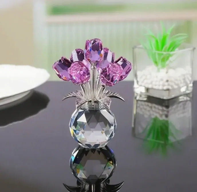 K9 crystal glass rose ornament in a geometric shape with a Chinese style, shown in one of seven available colours.