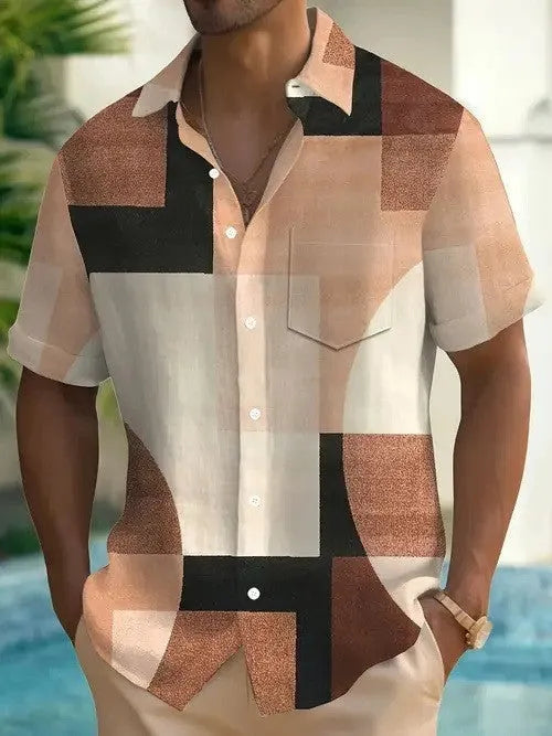 Man wearing a loose-fit short sleeve cardigan shirt with a retro geometric square pattern in contrasting colours.