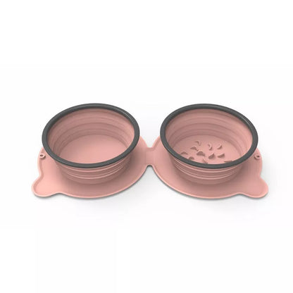 Foldable silicone double pet bowl with non-slip base in various colors
