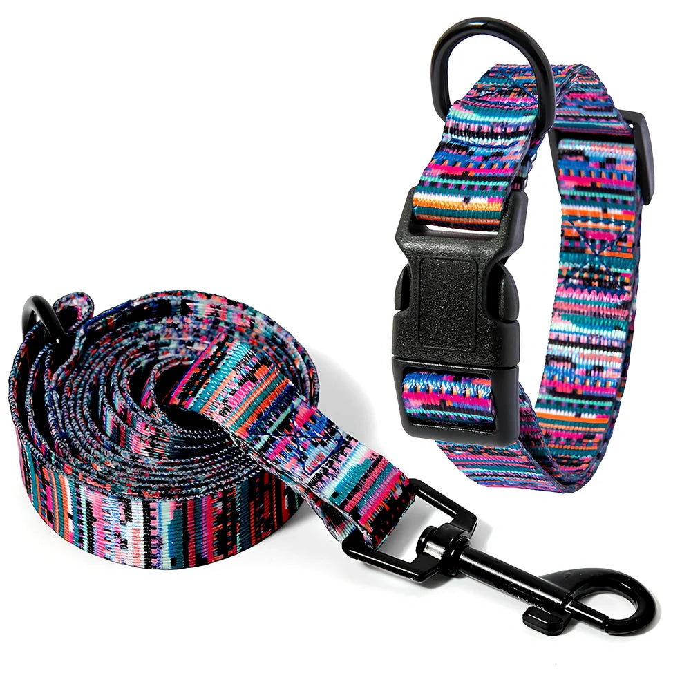 Adjustable dog collar and leash set with Bohemian pattern for dogs 3-27kg