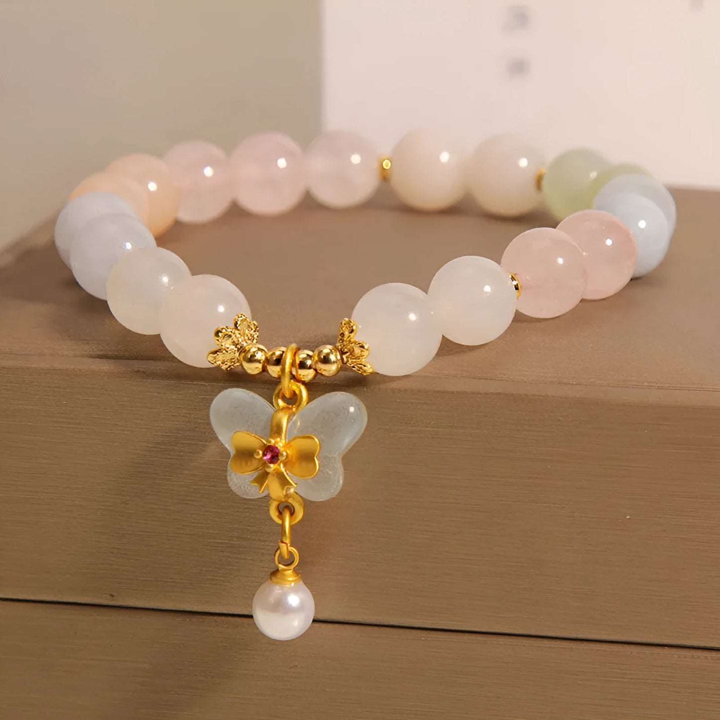 Women's crystal bracelet with colourful Morganite butterfly pendant on adjustable chain