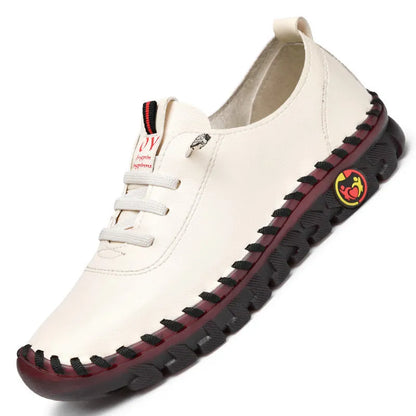 Women's handmade soft sole shoes with microfiber upper, round toe, 3-5cm heel, in black, white, red, or brown.