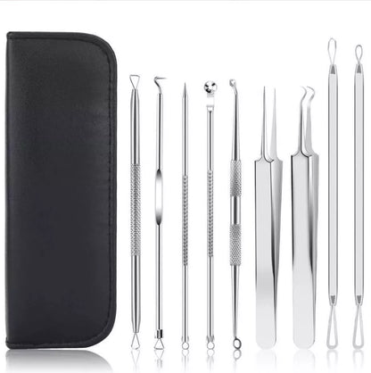 Stainless steel blackhead remover 9-piece set with leather case