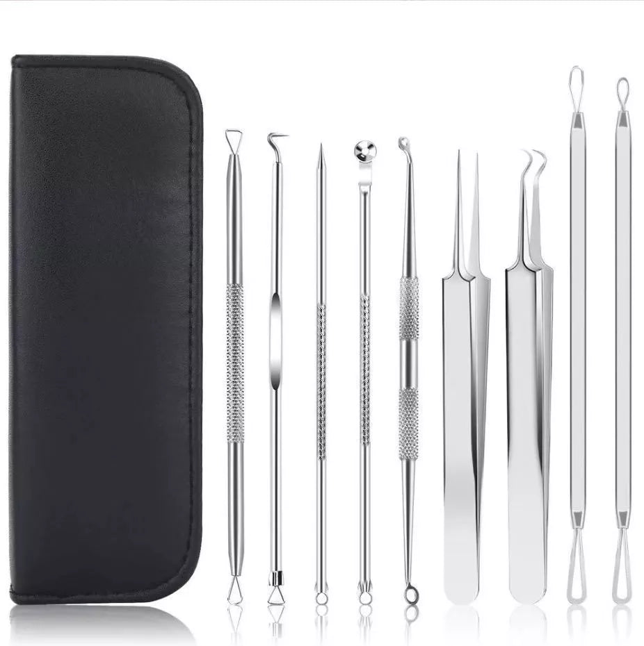 Stainless steel blackhead remover 9-piece set with leather case