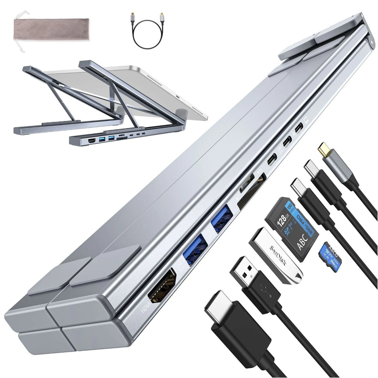 Aluminium alloy folding laptop docking station with multiple ports including HDMI, measuring 24.75cm