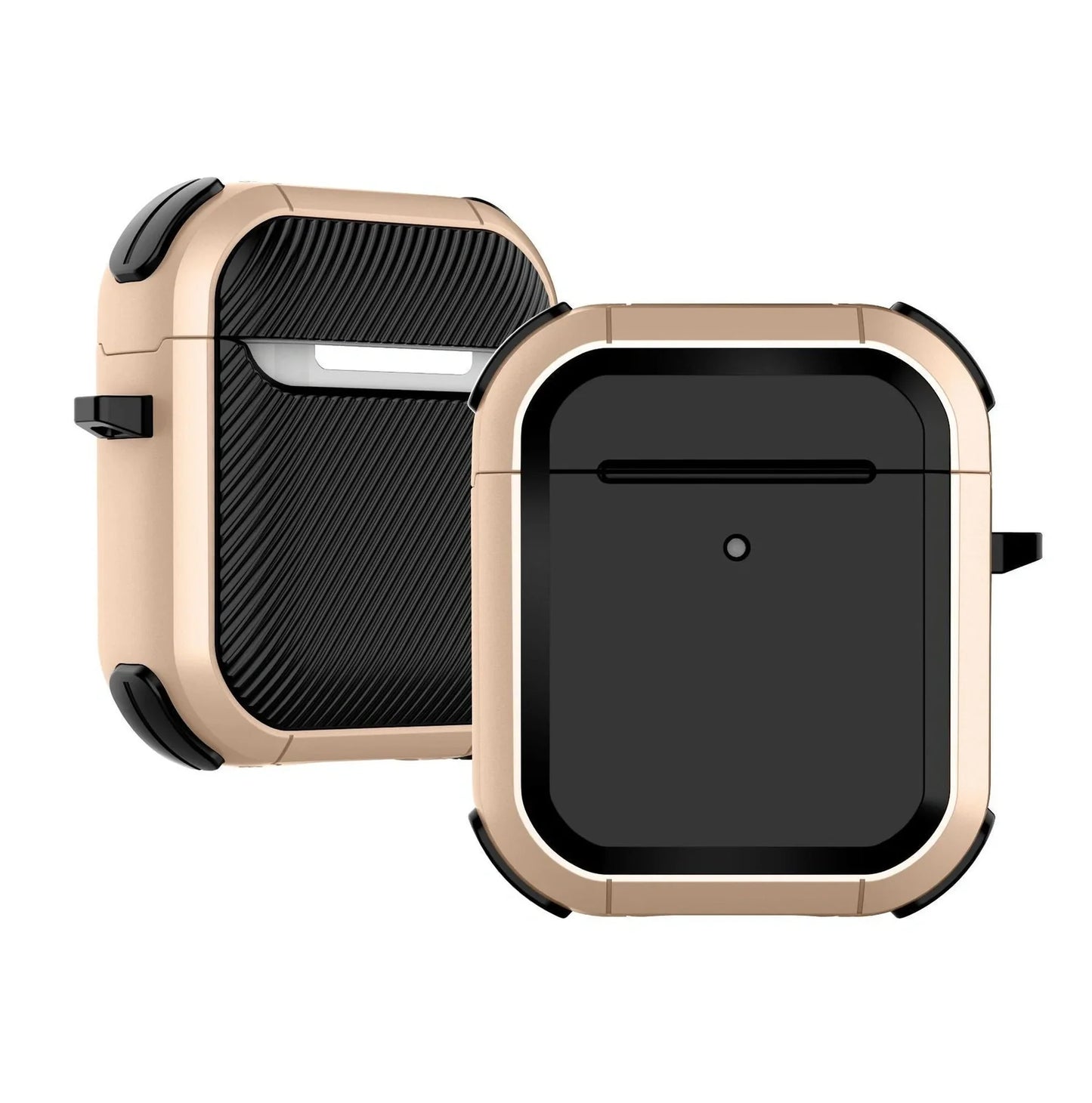 AirPods protective sleeve case in clamshell design with multiple colour options showing charging port cutouts