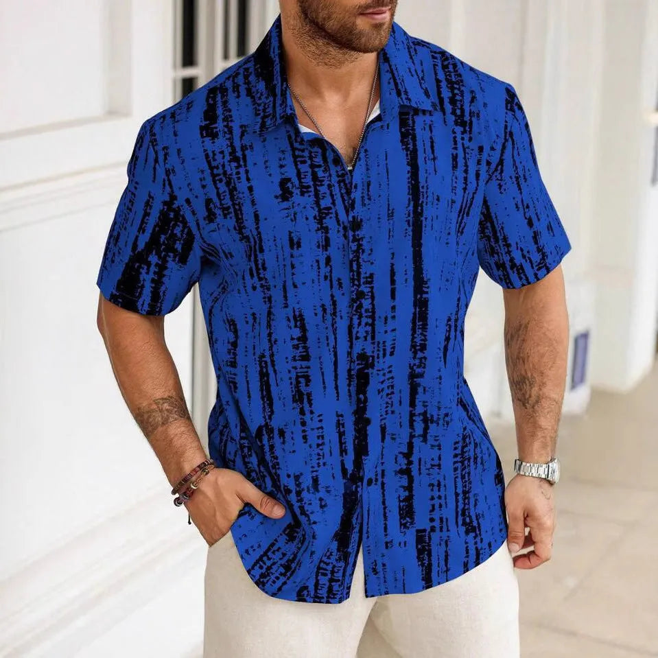 Men's striped short-sleeve shirt in apricot with 3D digital printing and anti-wrinkle fabric