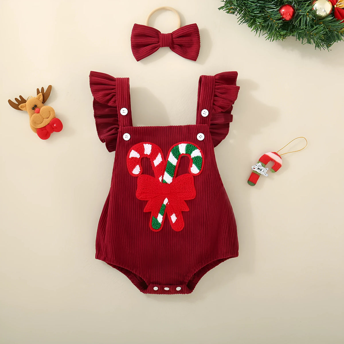 Red Christmas embroidered winged triangle romper for infants and toddlers, sleeveless cotton crawl suit, sizes 70cm to 100cm.