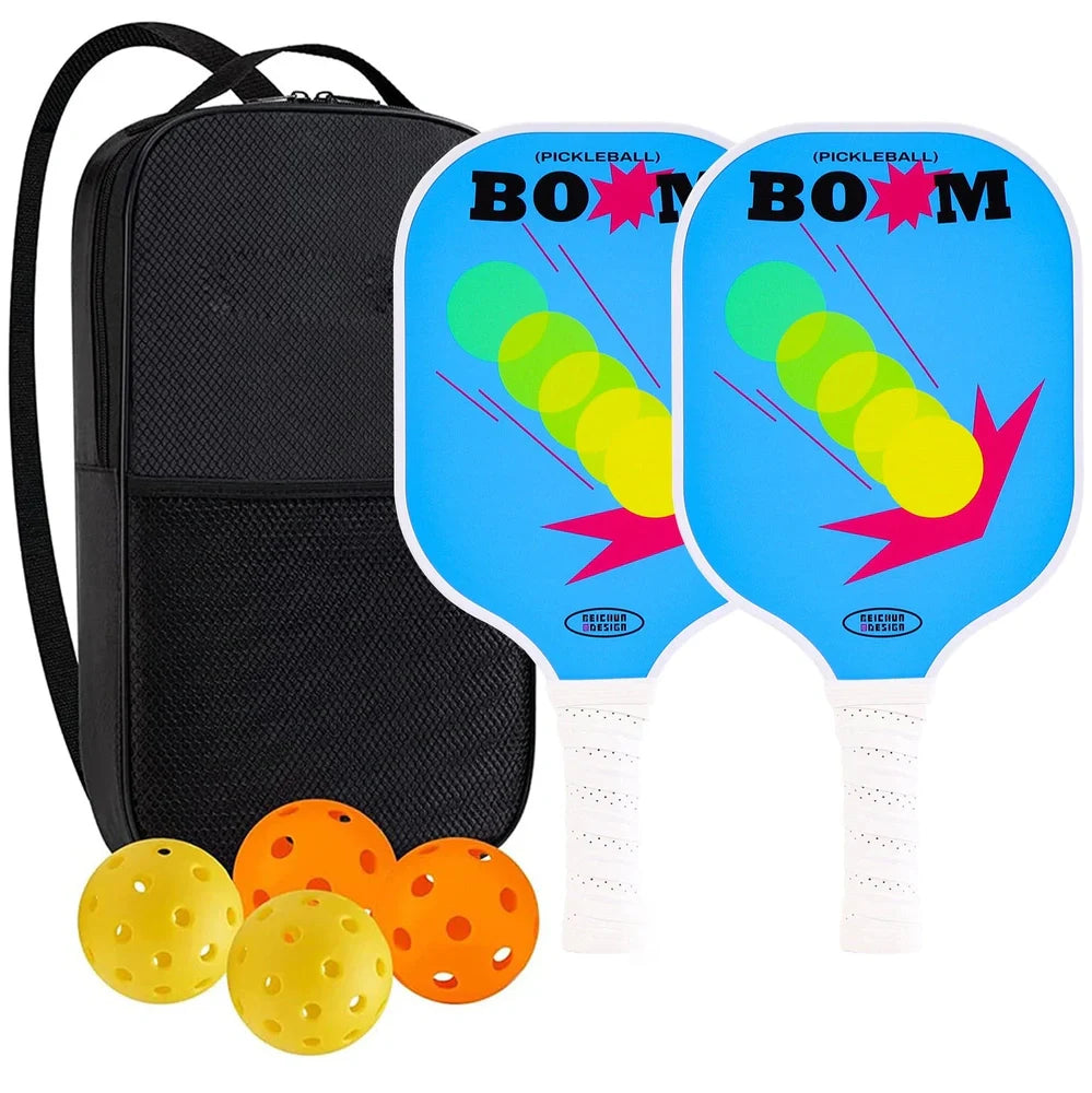 Peak Racket fibreglass squash set showing two rackets and four balls for complete playing equipment